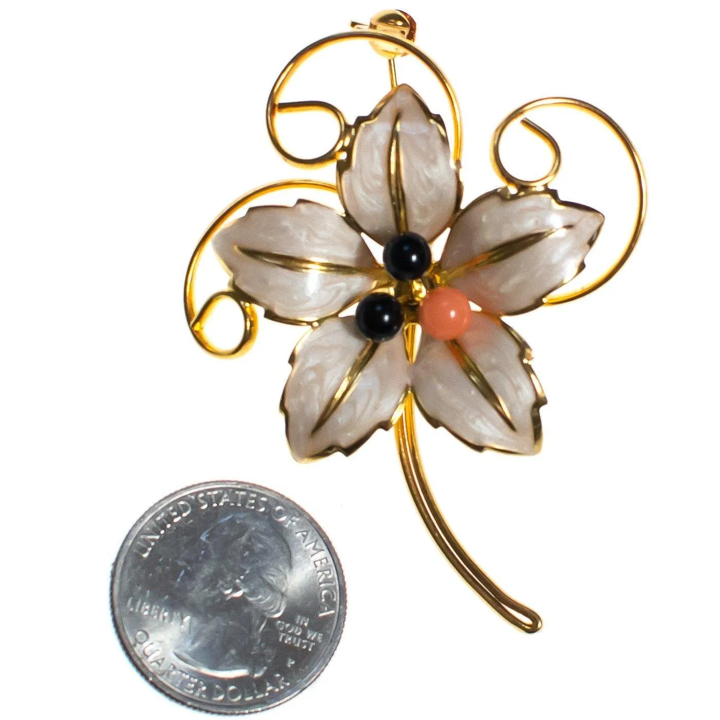 Vintage Flower White Lily Brooch, White Enamel, Black and Pink Lucite Beads, Gold Tone Setting, Brooches and Pins
