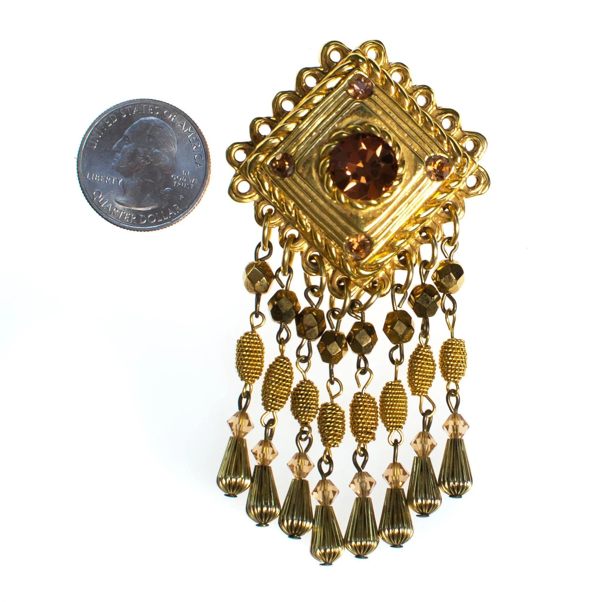 Vintage Gold Tassel Brooch, Amber Crystal Rhinestones, Gold Tone Beads, Brooches and Pins