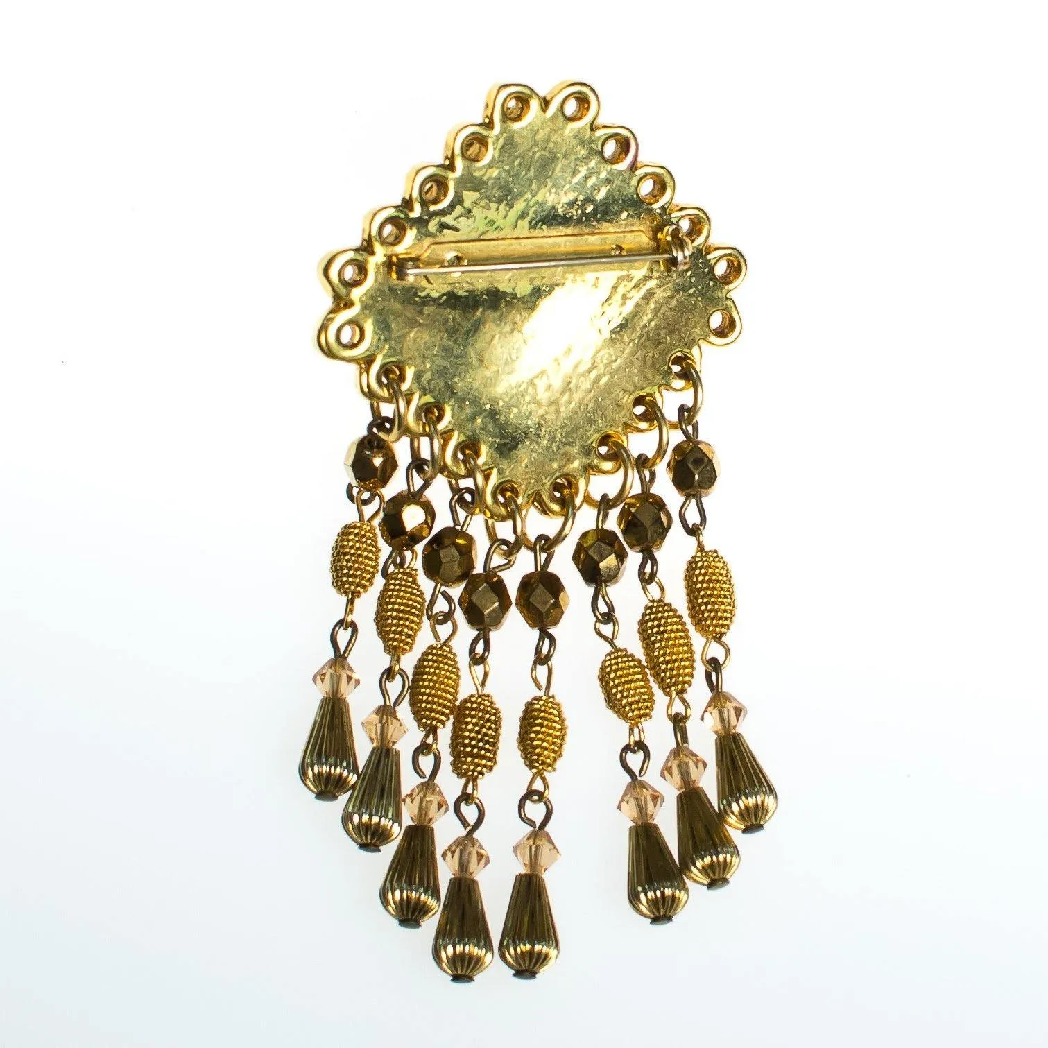 Vintage Gold Tassel Brooch, Amber Crystal Rhinestones, Gold Tone Beads, Brooches and Pins