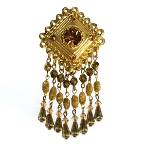 Vintage Gold Tassel Brooch, Amber Crystal Rhinestones, Gold Tone Beads, Brooches and Pins