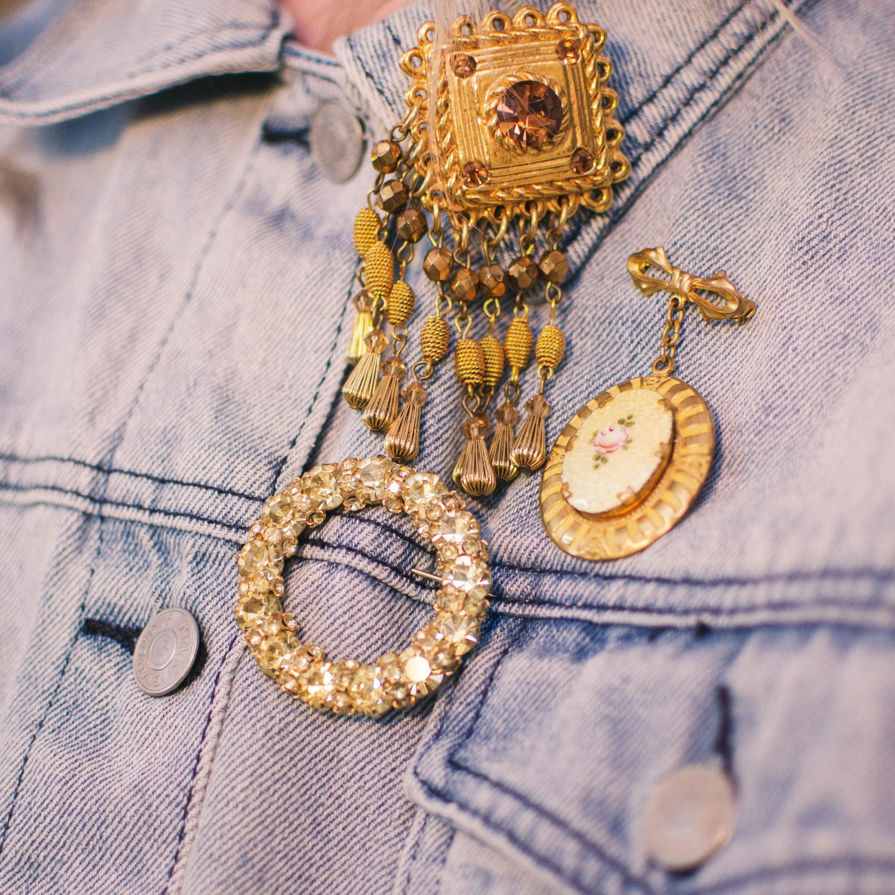 Vintage Gold Tassel Brooch, Amber Crystal Rhinestones, Gold Tone Beads, Brooches and Pins
