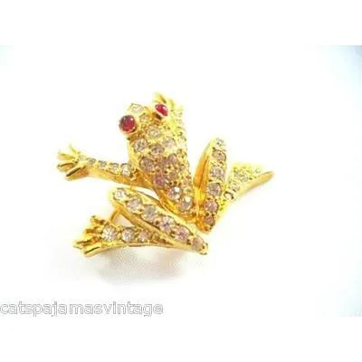 Vintage Jomaz Rhinestone & Gold Frog Brooch Ruby Red  Eyes 1950s