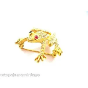 Vintage Jomaz Rhinestone & Gold Frog Brooch Ruby Red  Eyes 1950s