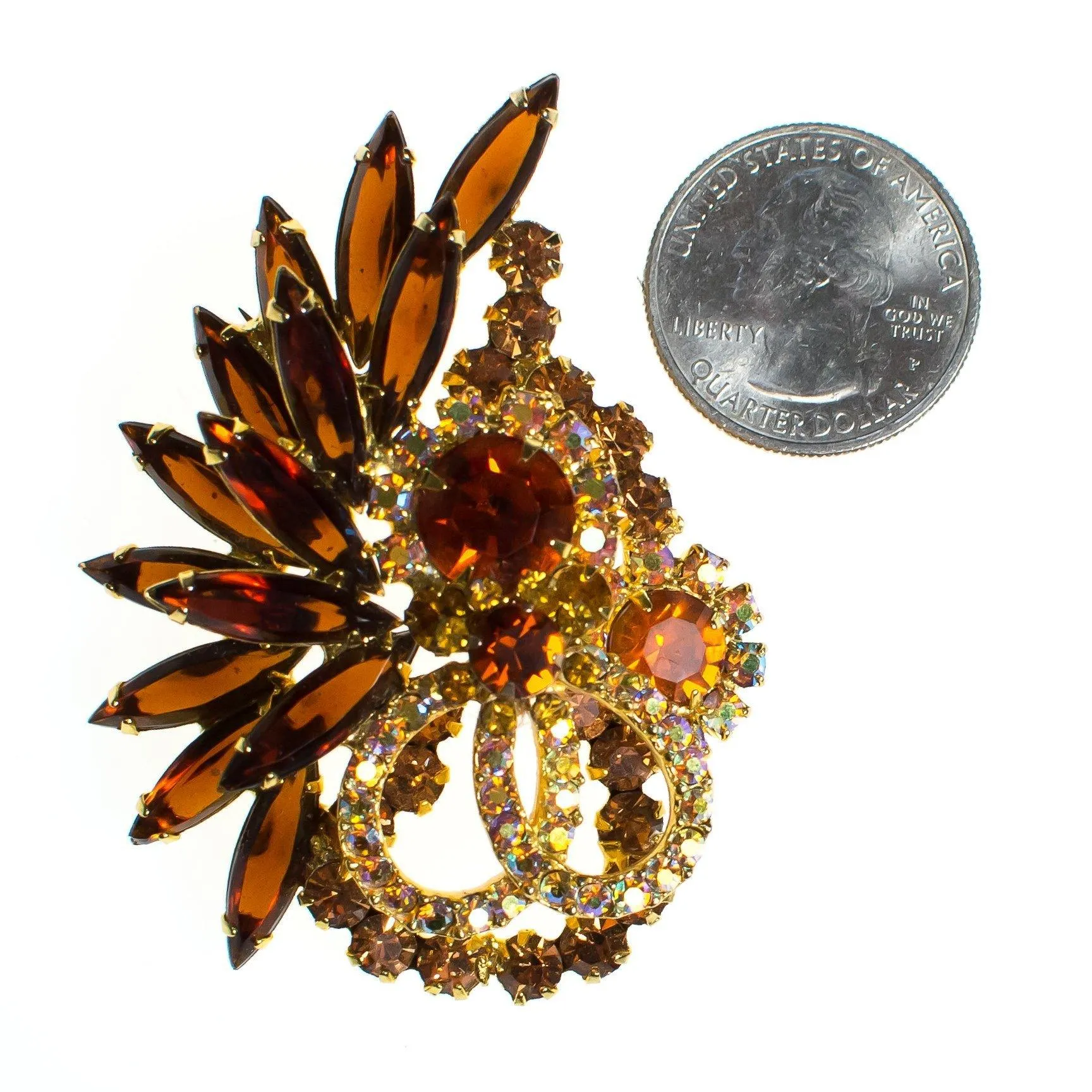 Vintage Juliana Brooch, Amber Brown Rhinestones, Gold Rhinestones, Aurora Borealis Rhinestones, Gold Tone Setting, Brooches and Pins