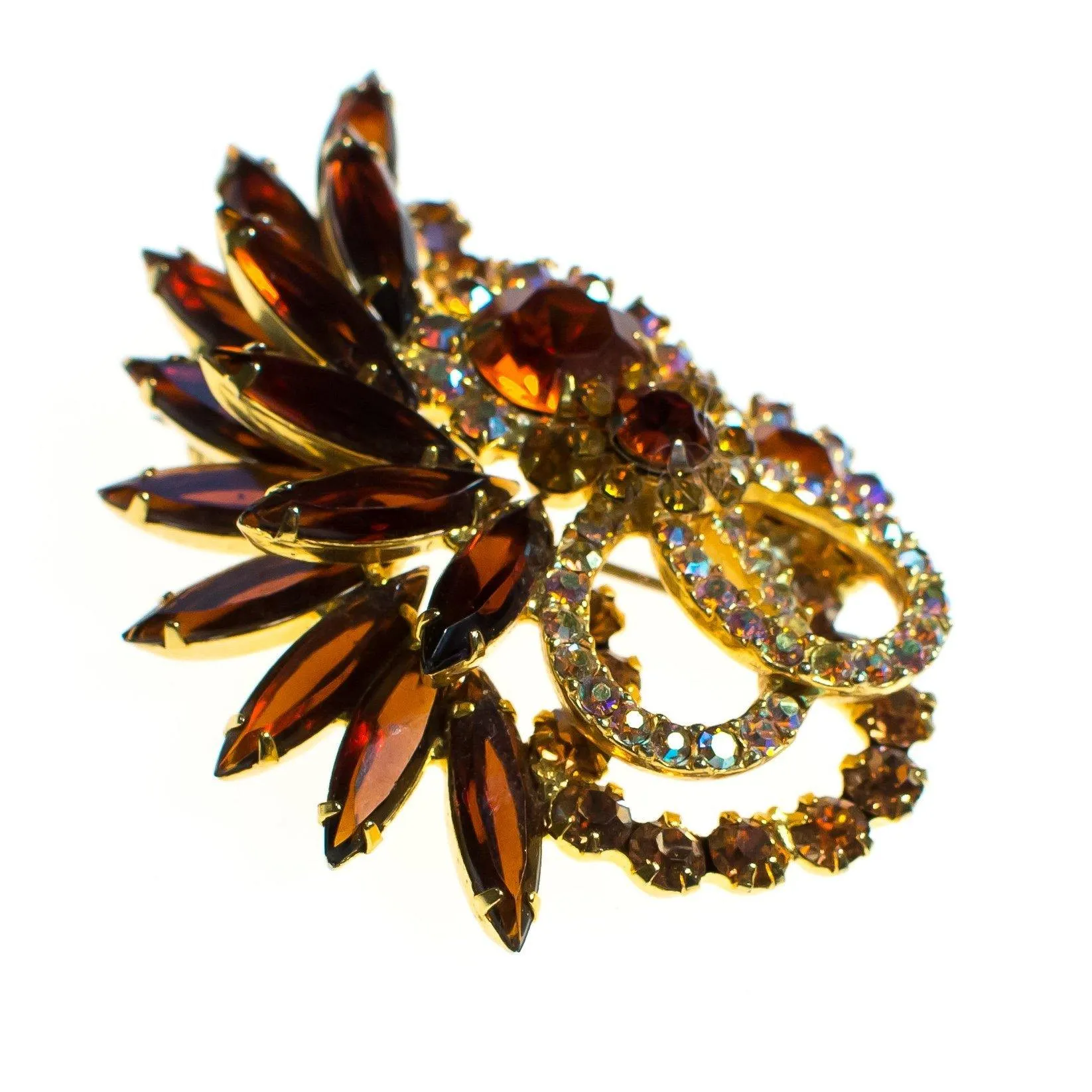 Vintage Juliana Brooch, Amber Brown Rhinestones, Gold Rhinestones, Aurora Borealis Rhinestones, Gold Tone Setting, Brooches and Pins