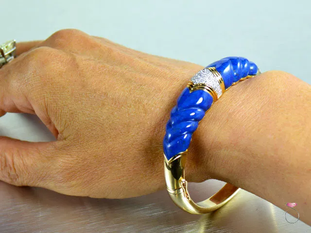 Vintage Lapis Lazuli Diamond Bangle Bracelet in 14K Gold