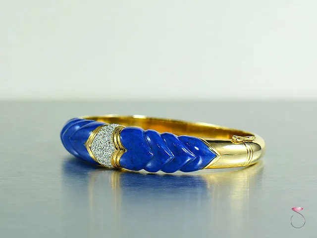 Vintage Lapis Lazuli Diamond Bangle Bracelet in 14K Gold