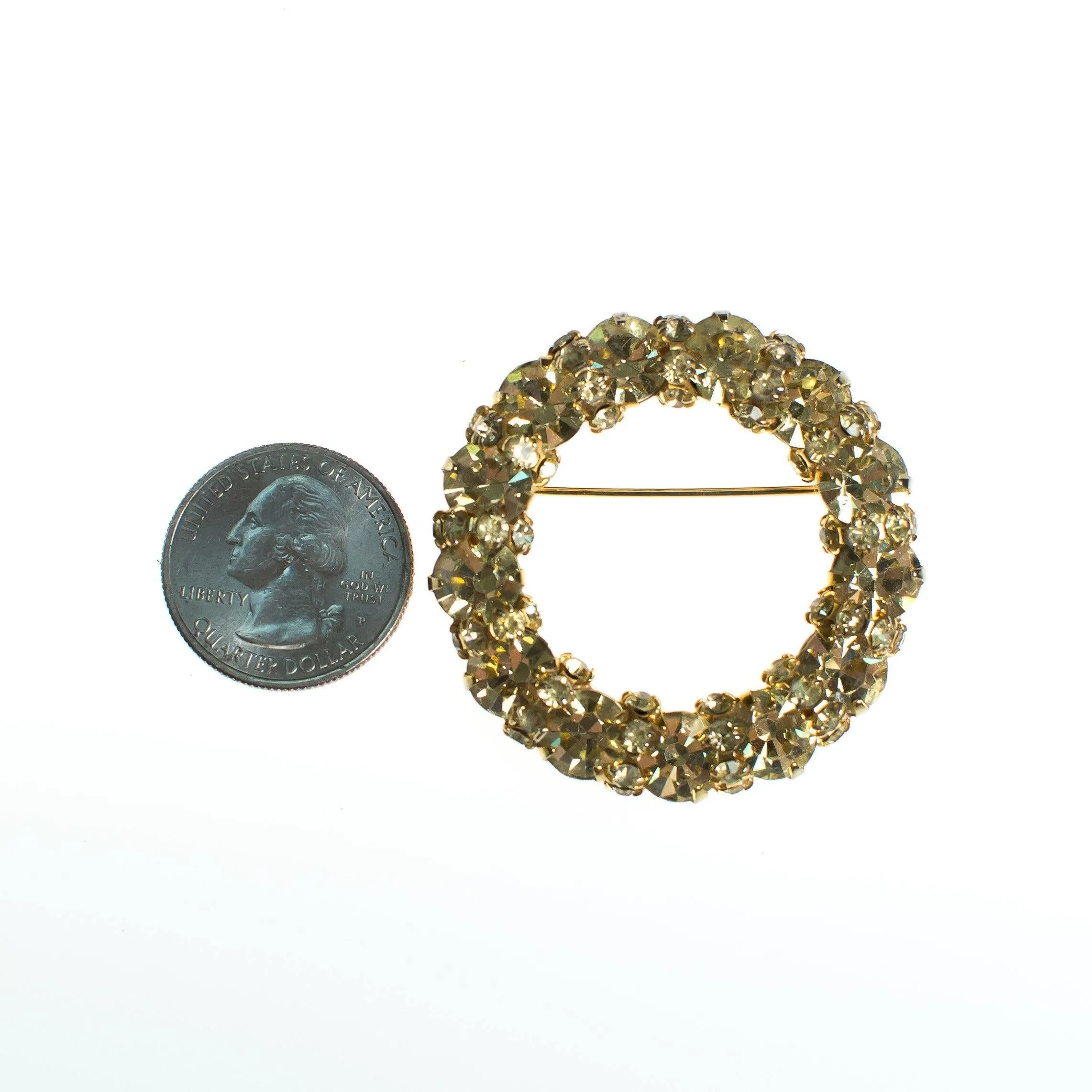 Vintage Lemon Citrine Diamante Crystal Brooch, Round Setting Brooch/Pin, Gold Tone, Brooches and Pins