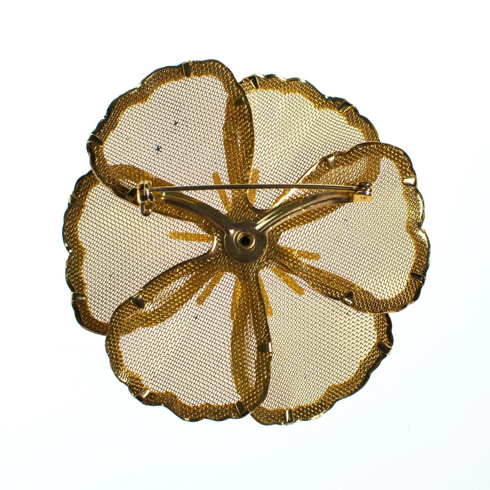 Vintage Mid Century Modern Large Gold Mesh Flower Brooch with Amethyst Crystal