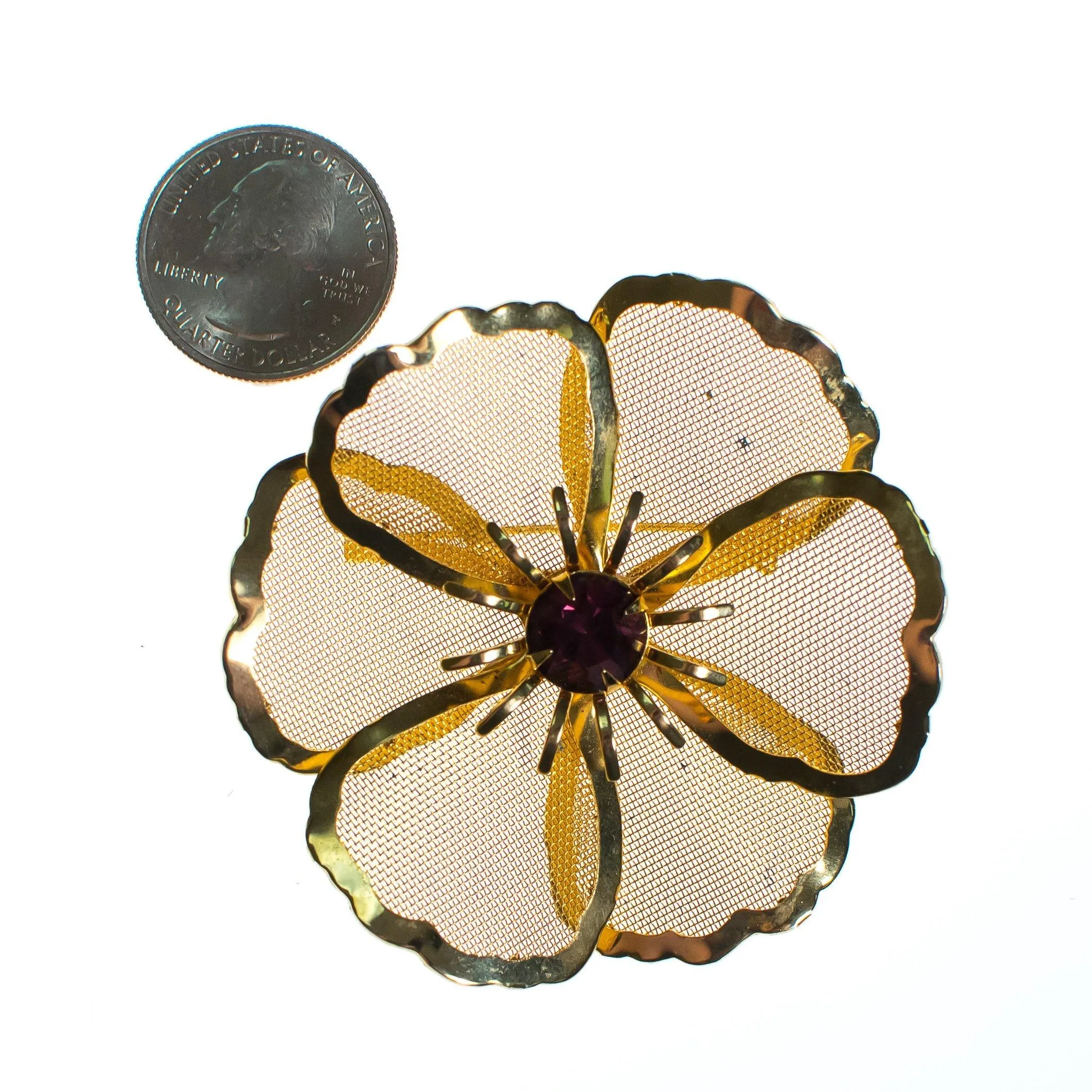 Vintage Mid Century Modern Large Gold Mesh Flower Brooch with Amethyst Crystal