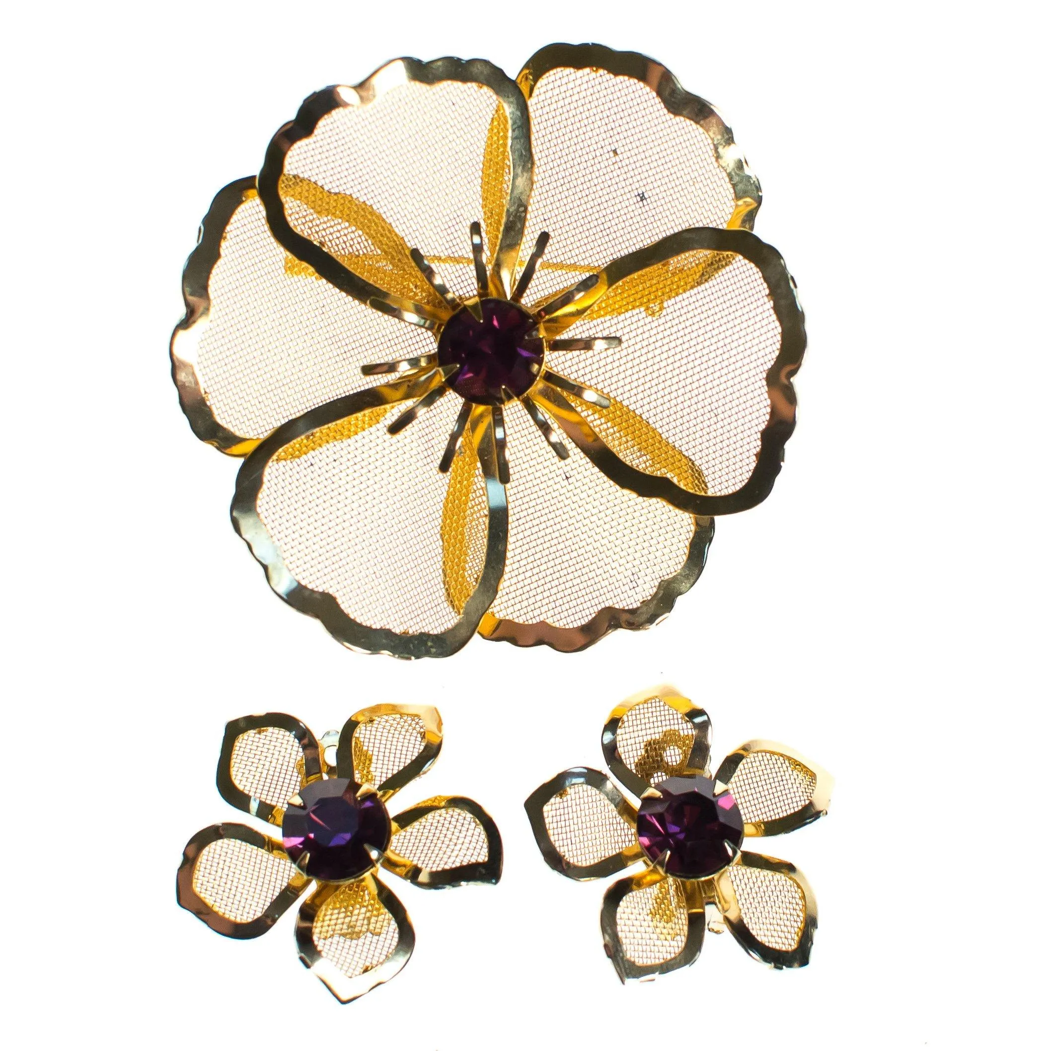 Vintage Mid Century Modern Large Gold Mesh Flower Brooch with Amethyst Crystal
