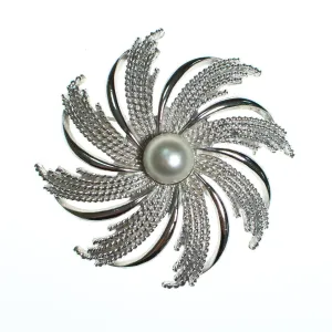 Vintage Mid Century Modern Silver Round Sarah Coventry Brooch, Faux Pearl, Silver Tone Setting, Brooches and Pins