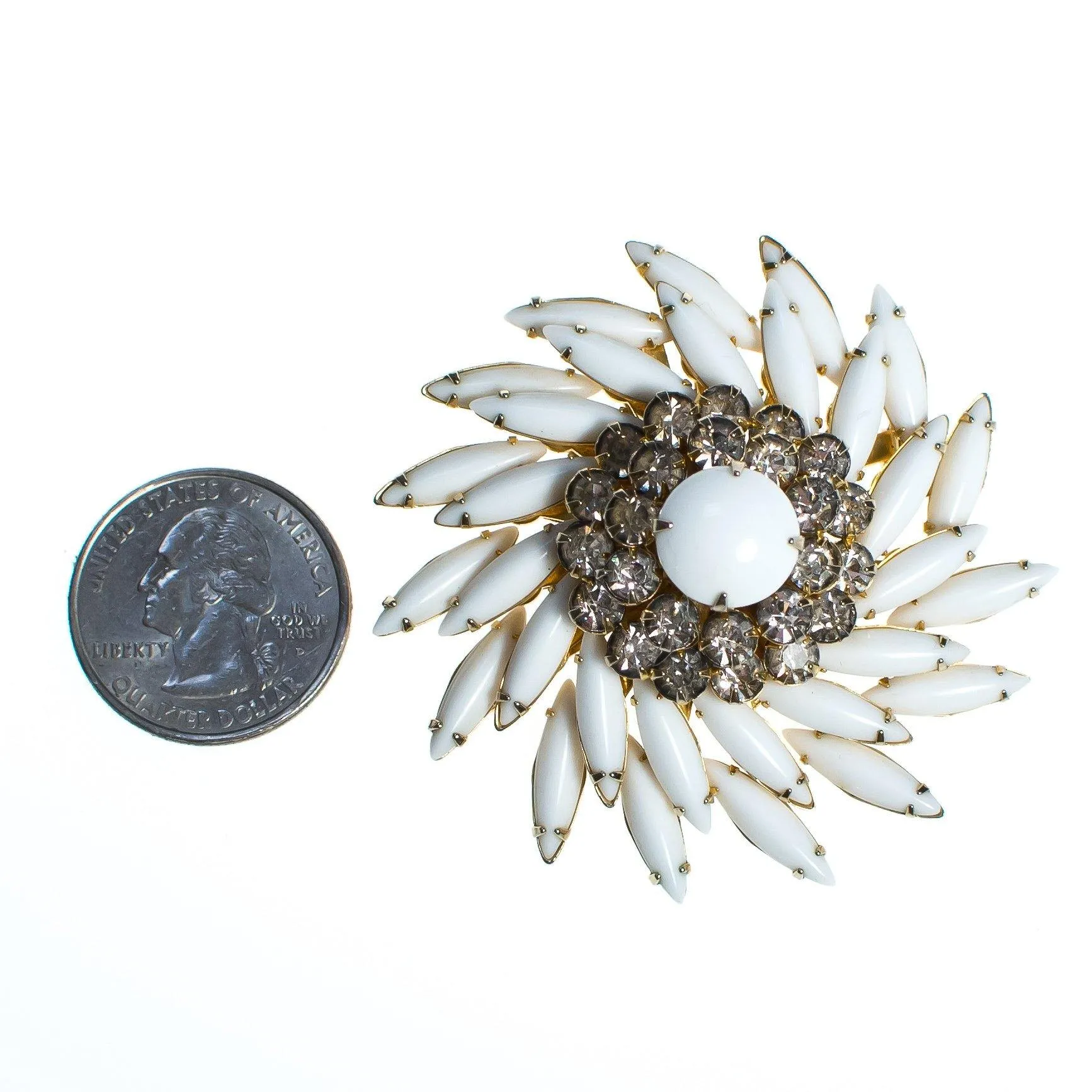 Vintage Milk Glass and Diamante Rhinestone Brooch, Pendant