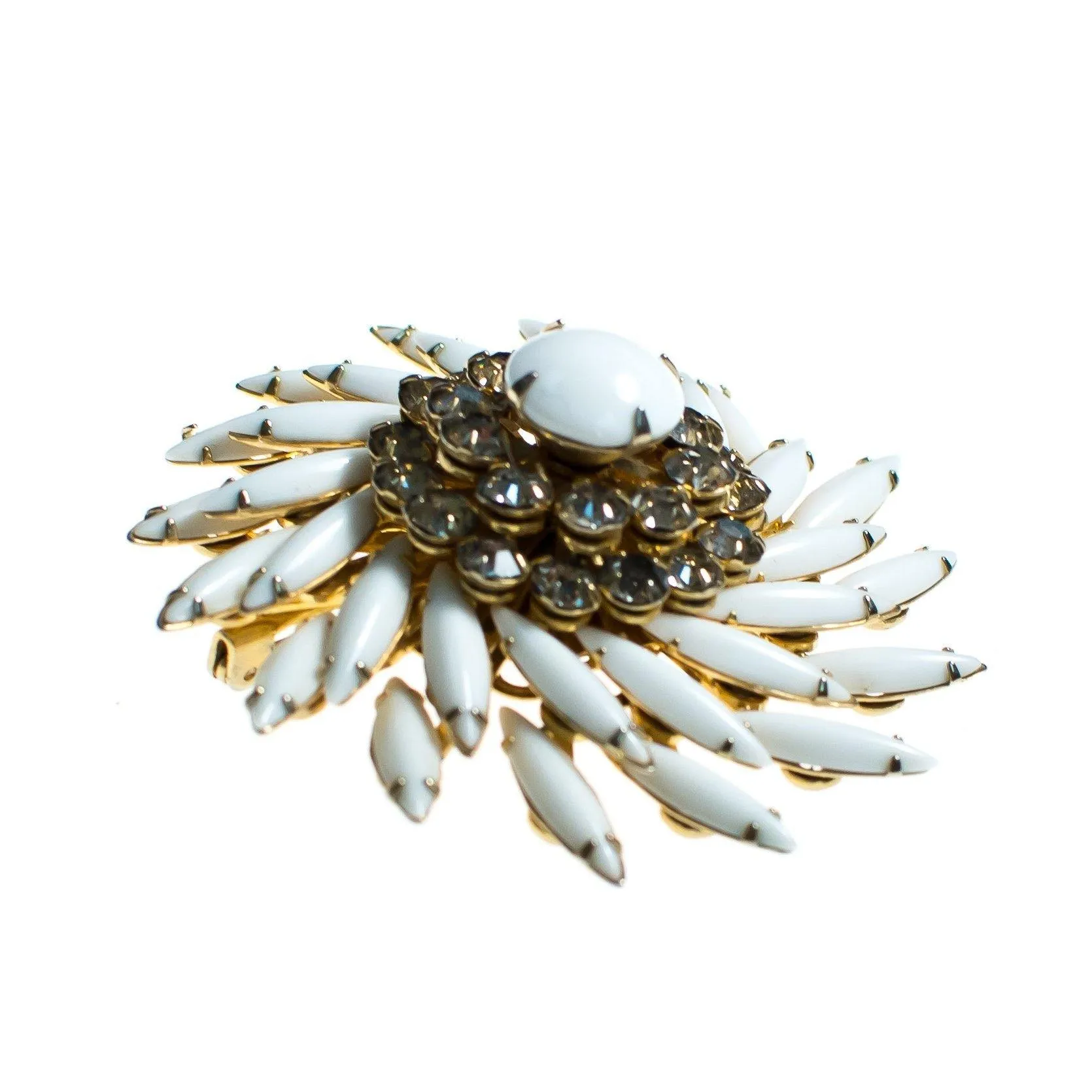Vintage Milk Glass and Diamante Rhinestone Brooch, Pendant