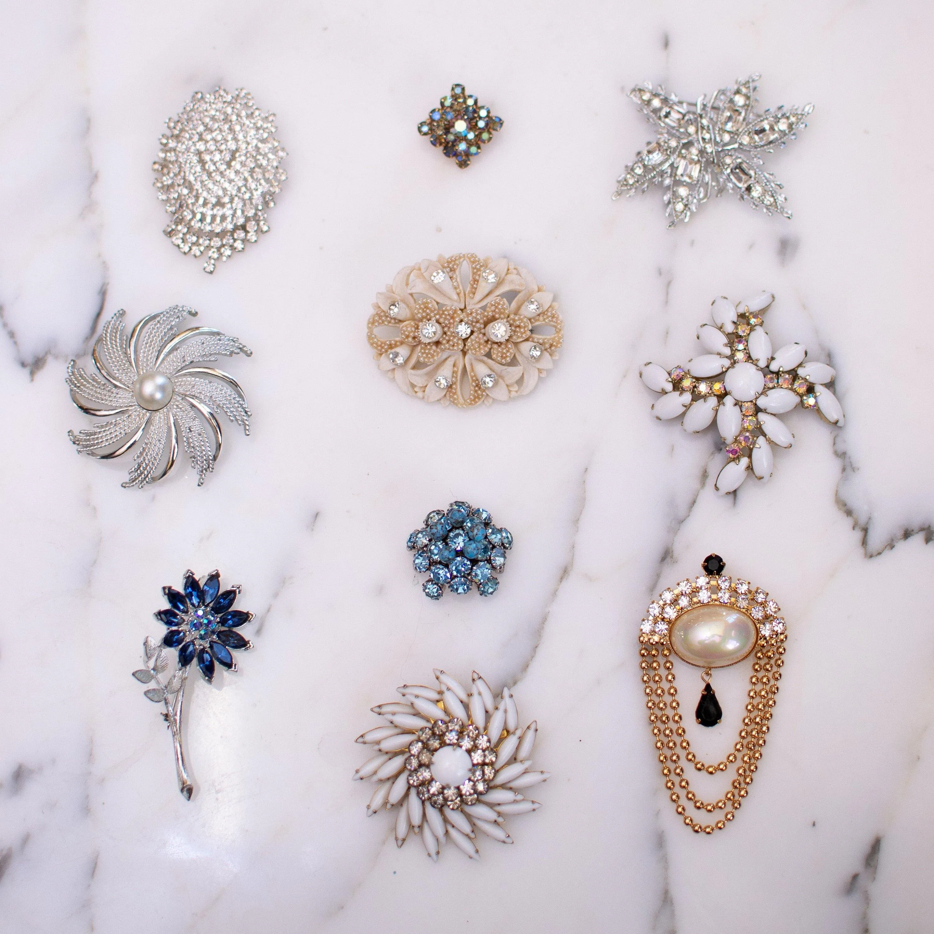 Vintage Milk Glass and Diamante Rhinestone Brooch, Pendant