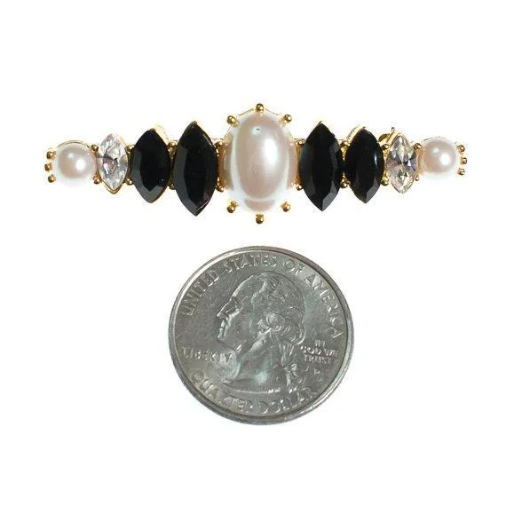 Vintage Pearl Crystal and Jet Bar Pin Brooch