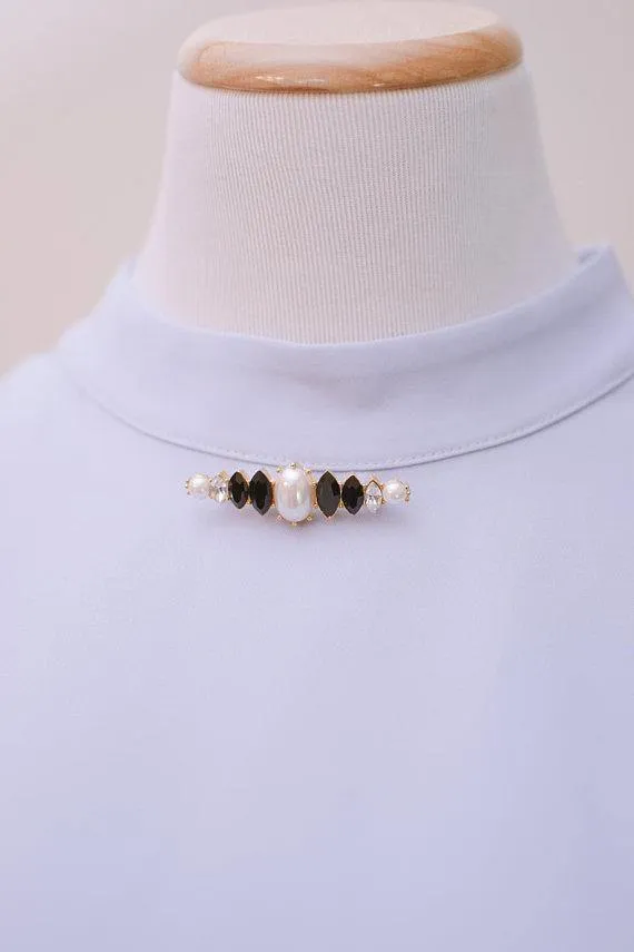 Vintage Pearl Crystal and Jet Bar Pin Brooch