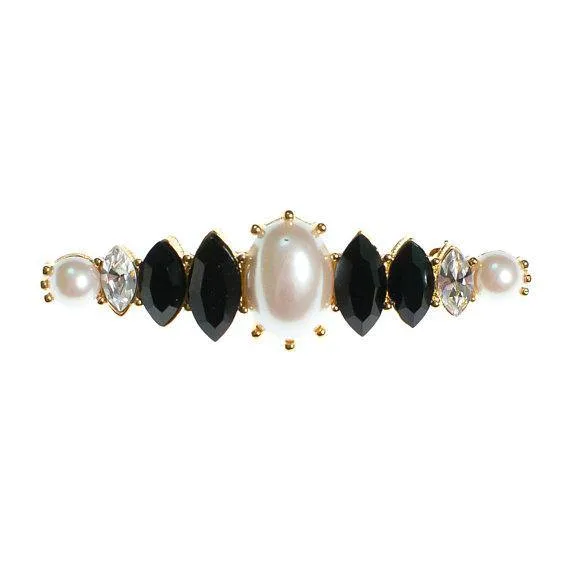 Vintage Pearl Crystal and Jet Bar Pin Brooch