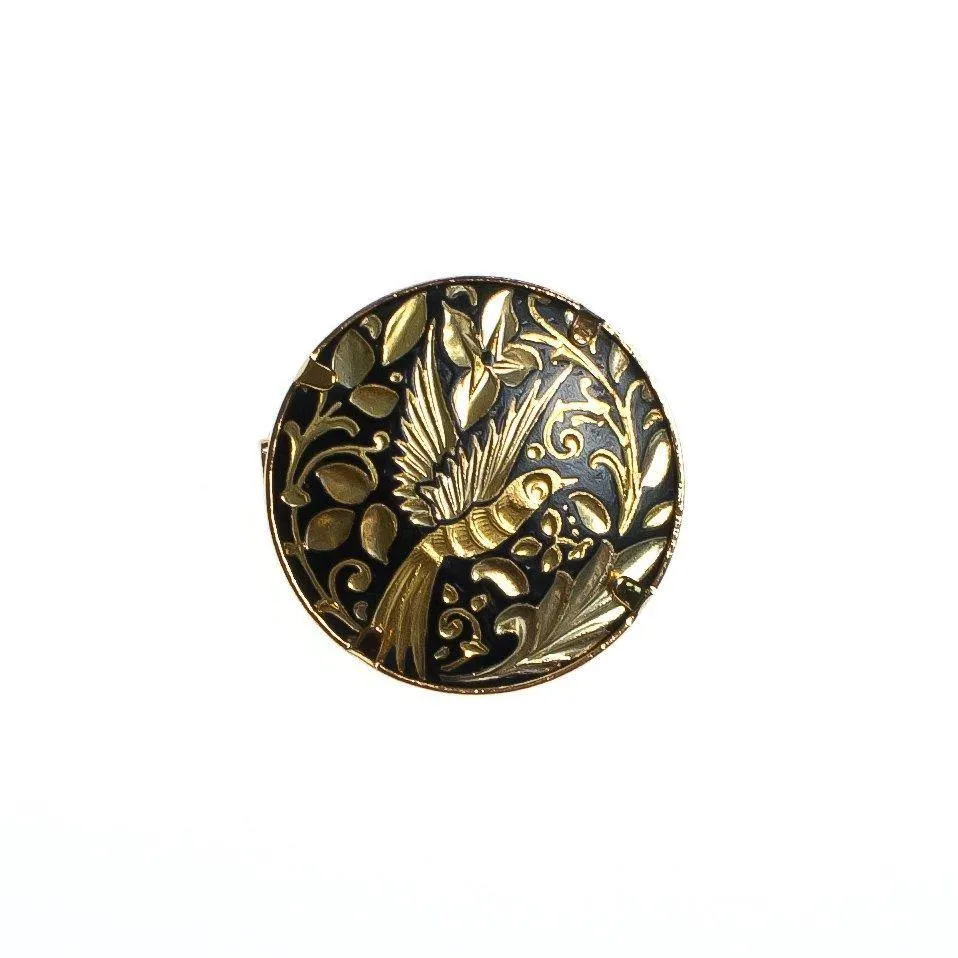 Vintage Petite Spanish Damascene Brooch, Gold Tone Bird and Flowers, Black and Gold Setting, Brooches and Pins