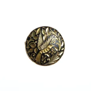 Vintage Petite Spanish Damascene Brooch, Gold Tone Bird and Flowers, Black and Gold Setting, Brooches and Pins