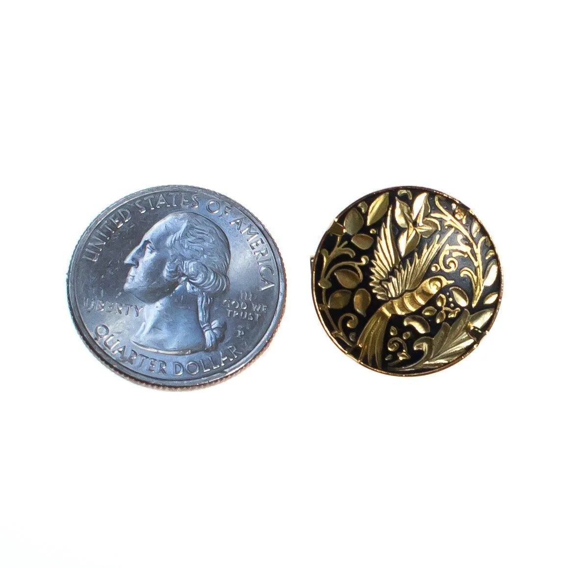 Vintage Petite Spanish Damascene Brooch, Gold Tone Bird and Flowers, Black and Gold Setting, Brooches and Pins