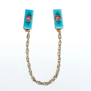 Vintage Pink Rose and Blue Guilloche Sweater Guard with Gold Chain