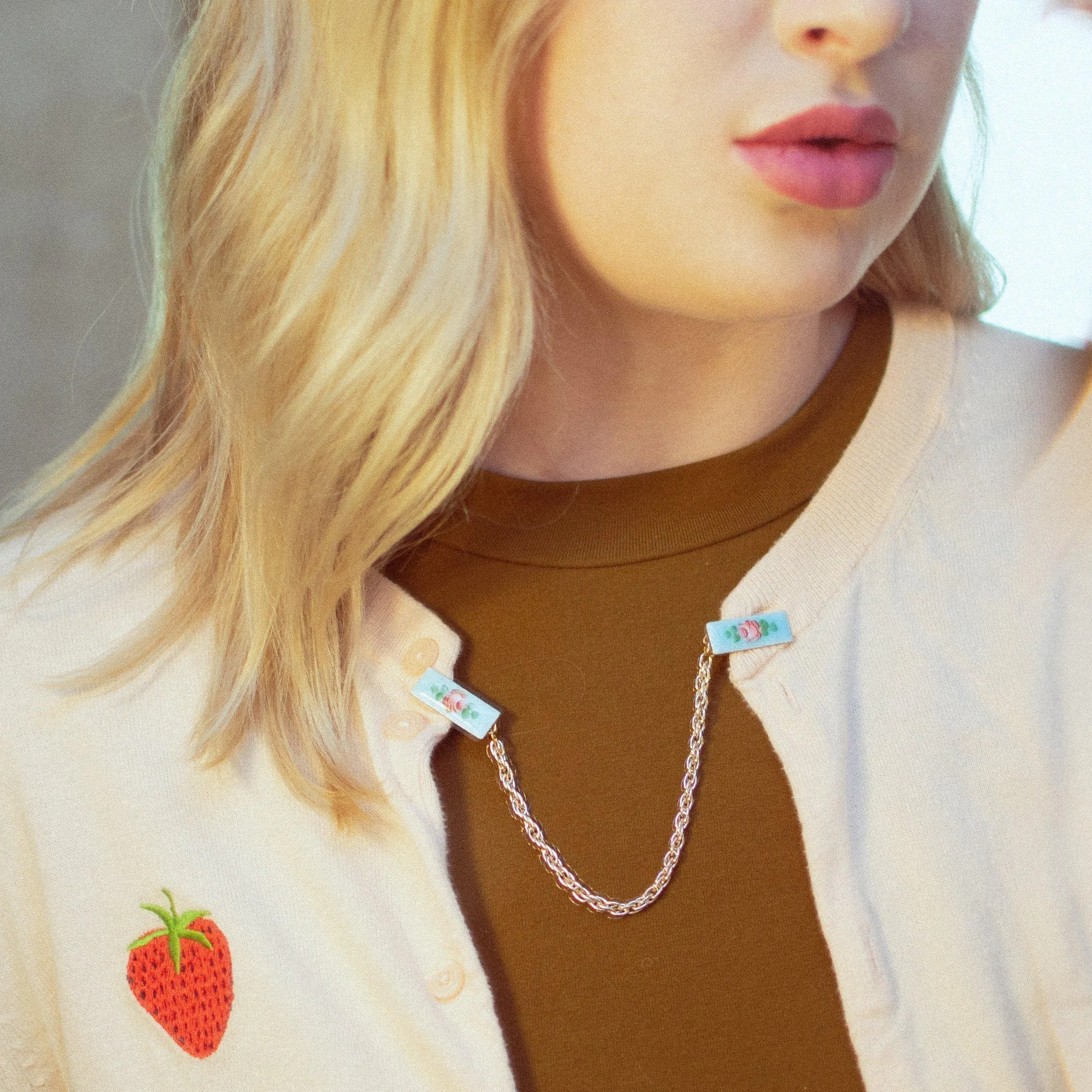 Vintage Pink Rose and Blue Guilloche Sweater Guard with Gold Chain
