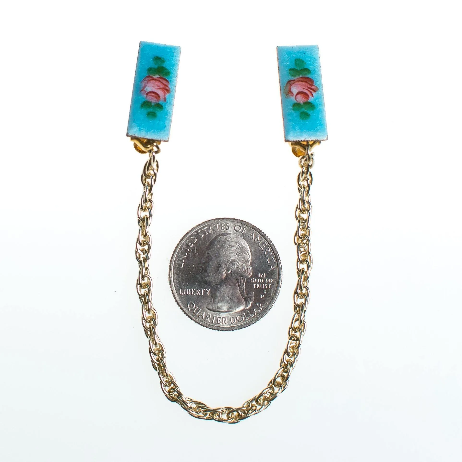 Vintage Pink Rose and Blue Guilloche Sweater Guard with Gold Chain
