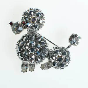 Vintage Schreiner Rhinestone Poodle Brooch, Silver Rhinestones, Red Rhinestone Diamante Crystals, Brooches and Pins