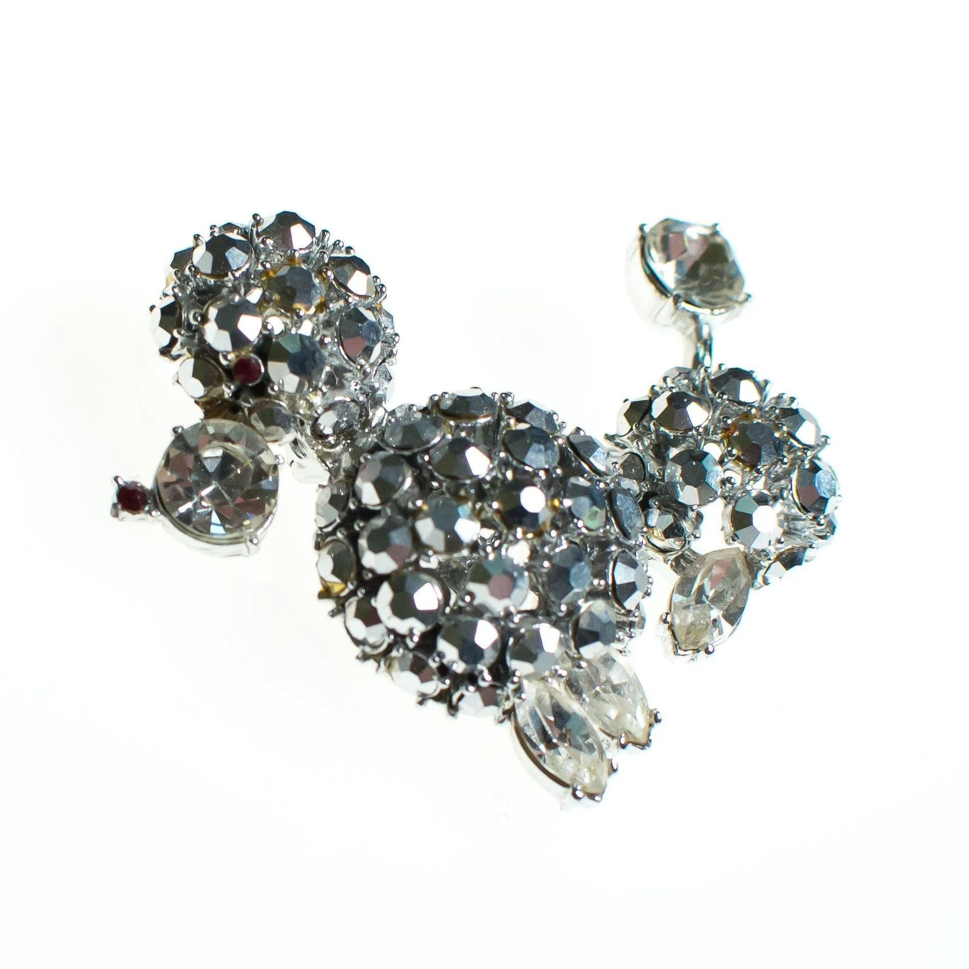 Vintage Schreiner Rhinestone Poodle Brooch, Silver Rhinestones, Red Rhinestone Diamante Crystals, Brooches and Pins