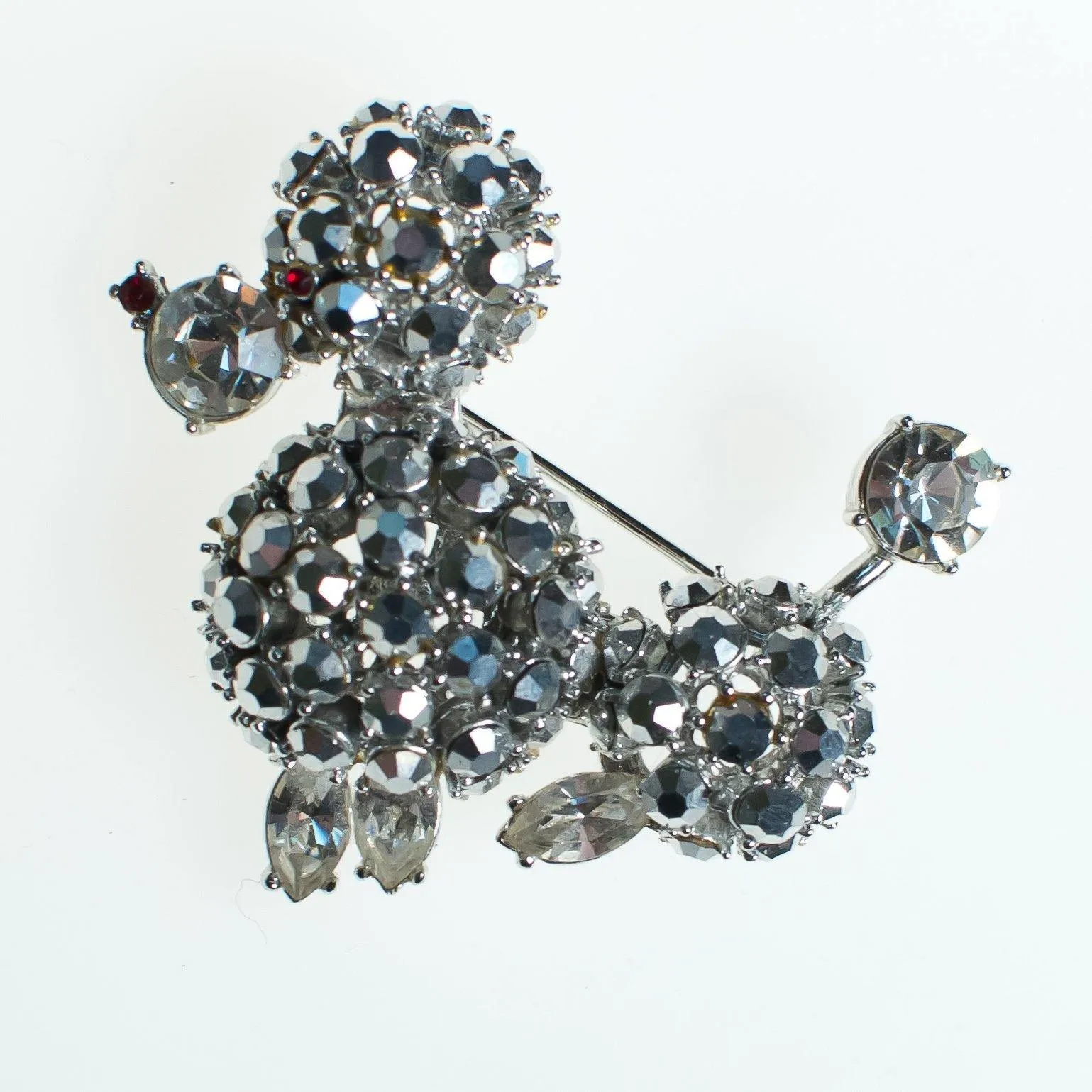Vintage Schreiner Rhinestone Poodle Brooch, Silver Rhinestones, Red Rhinestone Diamante Crystals, Brooches and Pins