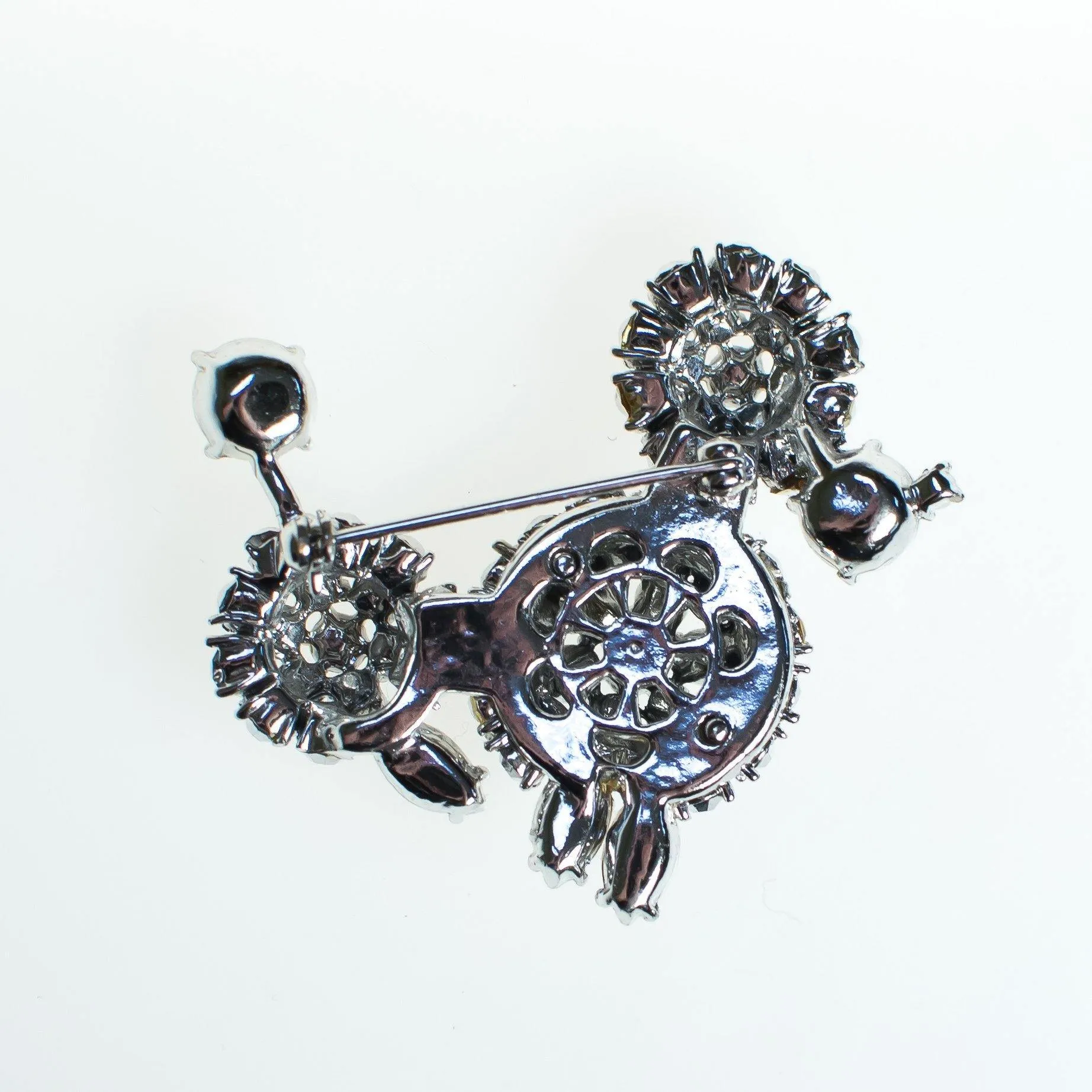 Vintage Schreiner Rhinestone Poodle Brooch, Silver Rhinestones, Red Rhinestone Diamante Crystals, Brooches and Pins