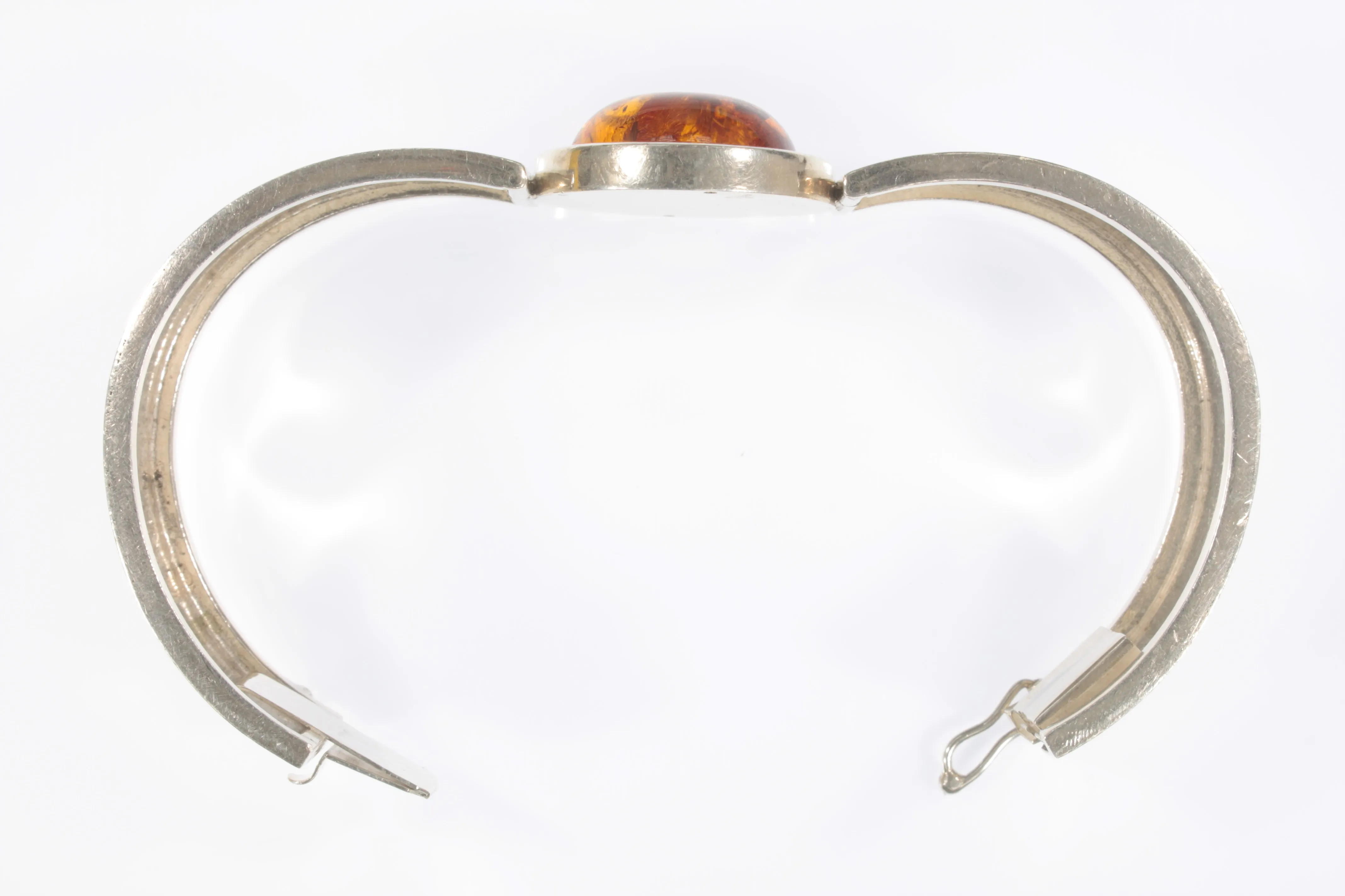 Vintage Sterling Silver Bezel Set Amber Bangle Bracelet 38.2g