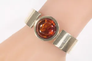 Vintage Sterling Silver Bezel Set Amber Bangle Bracelet 38.2g