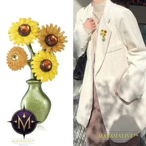 Vintage Sunflower Brooch Vase Crystal Enamel Pins Fashion Jewelry Shirt Cardigan Lapel Pin Brooches Accessories