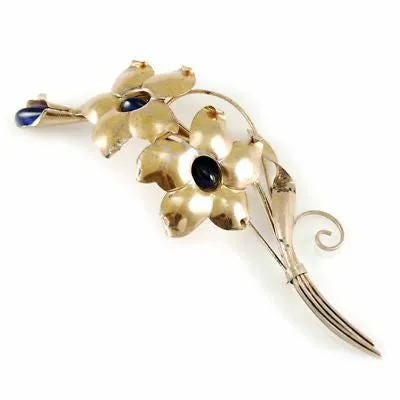 Vintage Truart Sterling Statement  Brooch  Large Floral  Cobalt Blue Stones 1940S