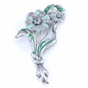 Vintage Turquoise Enamel Marcasite Floral Brooch 1930S
