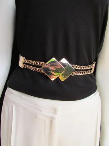 Waist Hip Stretch Back Belt Gold Chains Squares Metal Buckle S M L