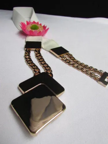 Waist Hip Stretch Back Belt Gold Chains Squares Metal Buckle S M L