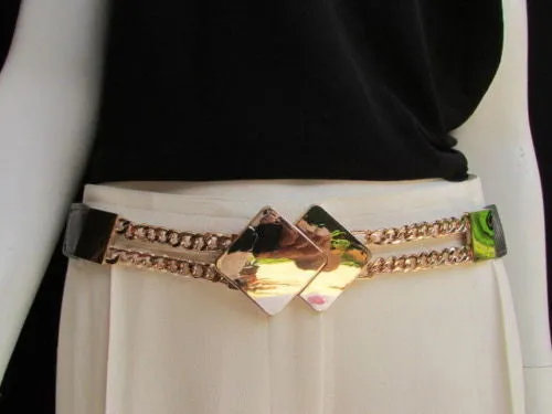 Waist Hip Stretch Back Belt Gold Chains Squares Metal Buckle S M L