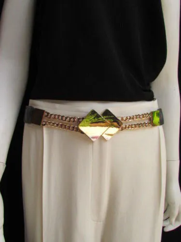 Waist Hip Stretch Back Belt Gold Chains Squares Metal Buckle S M L
