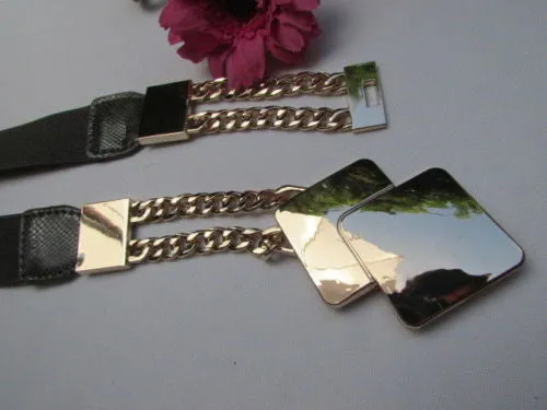 Waist Hip Stretch Back Belt Gold Chains Squares Metal Buckle S M L
