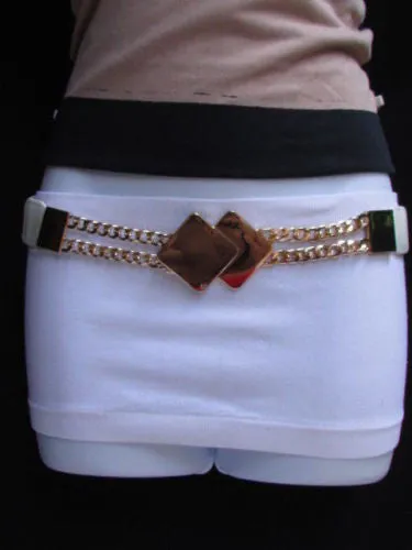 Waist Hip Stretch Back Belt Gold Chains Squares Metal Buckle S M L