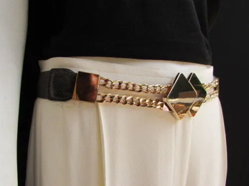 Waist Hip Stretch Back Belt Gold Chains Squares Metal Buckle S M L