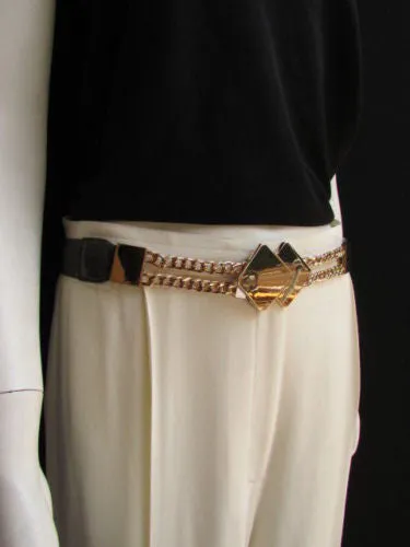 Waist Hip Stretch Back Belt Gold Chains Squares Metal Buckle S M L