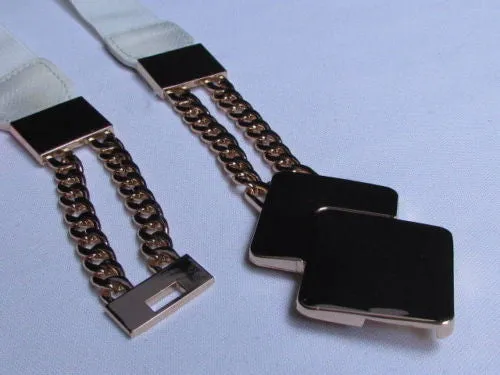 Waist Hip Stretch Back Belt Gold Chains Squares Metal Buckle S M L