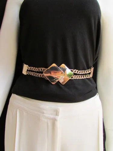 Waist Hip Stretch Back Belt Gold Chains Squares Metal Buckle S M L