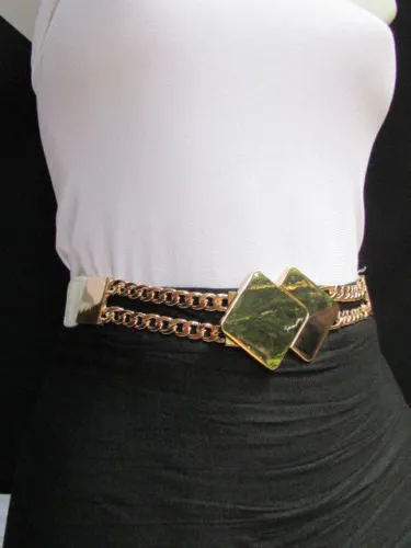 Waist Hip Stretch Back Belt Gold Chains Squares Metal Buckle S M L