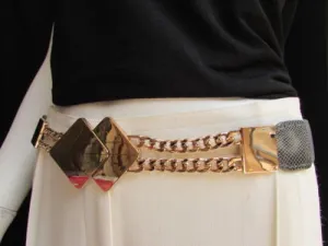 Waist Hip Stretch Back Belt Gold Chains Squares Metal Buckle S M L
