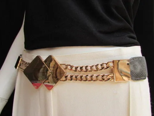 Waist Hip Stretch Back Belt Gold Chains Squares Metal Buckle S M L